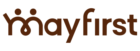 May First spelled out with the m appearing like two people holding hands with fist in air